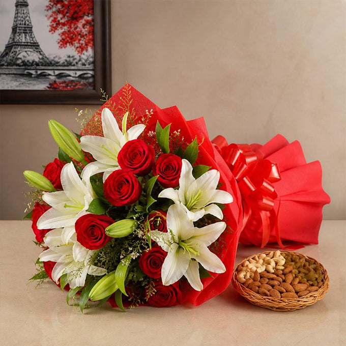Red Roses & White Lilies with Dry Fruits - Flower Delivery in GiftsGhaziabad