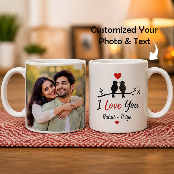 Two personalized mugs, one with a couple's photo and the other with 'I Love You' text, 