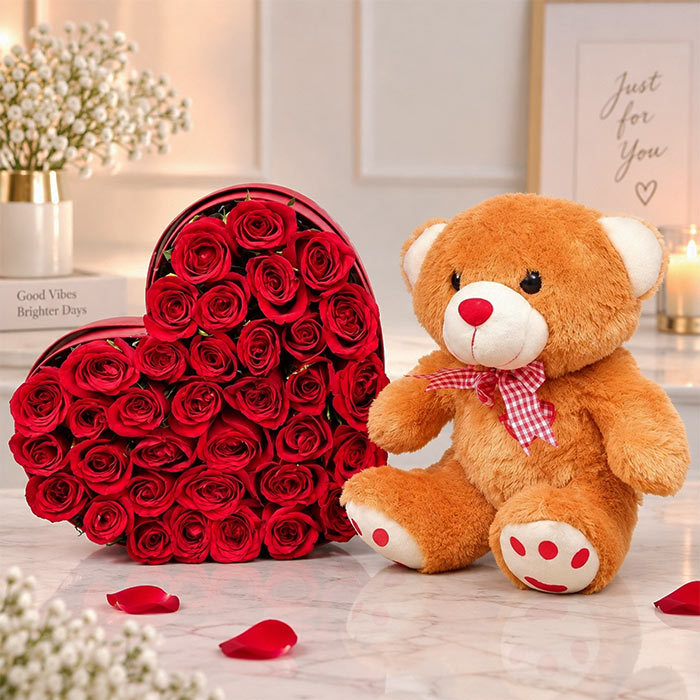Heart Shape 35 Red Roses with 12 Inch Teddy Bear
