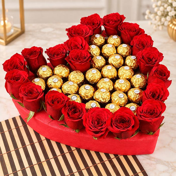 Heart Shape Roses with 24 Ferrero Rocher Chocolates
