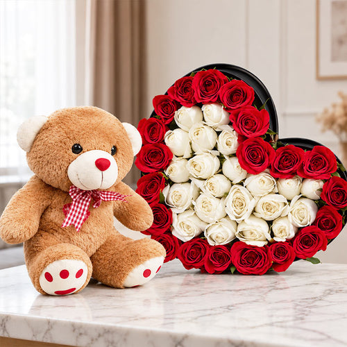 Heart Shaped 35 Red Roses Arrangement with 12 Inch Teddy Bear