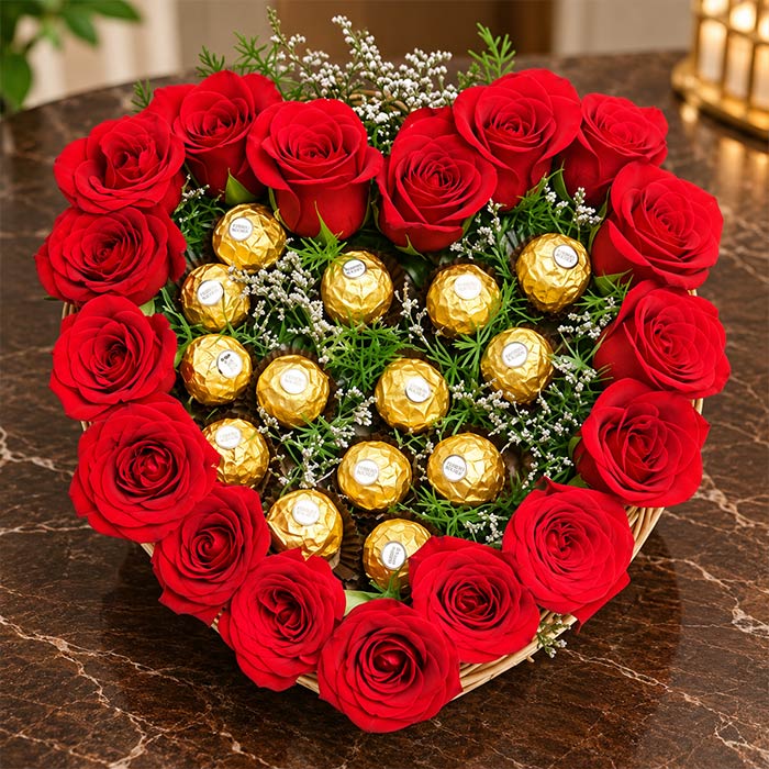 Heart Shaped Arrangement of 17 Red Roses with 16 Ferrero Rocher Chocolates
