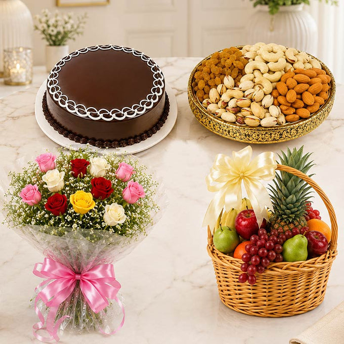 Mixed Roses Bouquet with Fruits Basket Dry Fruits & Chocolate Cake - Flower Delivery in GiftsGhaziabad