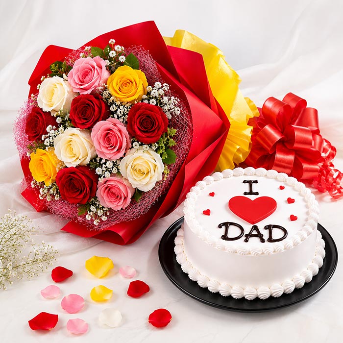 Bouquet of roses and cake with 'I ❤️ DAD' text on a white background