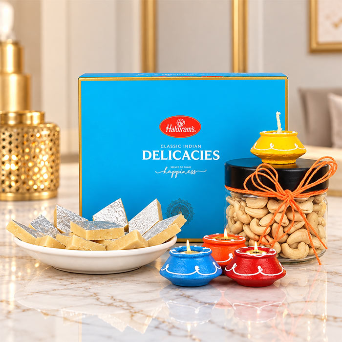 Kaju Katli Cashew & Matki Diya Gift Set