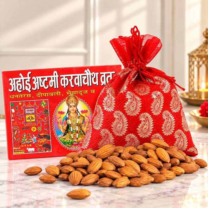 Karwa Chauth Book with 250 gm Almonds in Red Potli