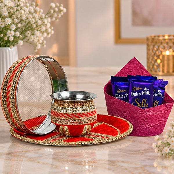 Karwa Chauth Decorative Thali Set with Channi, Karva & 3 Dairy Milk Silk Chocolates