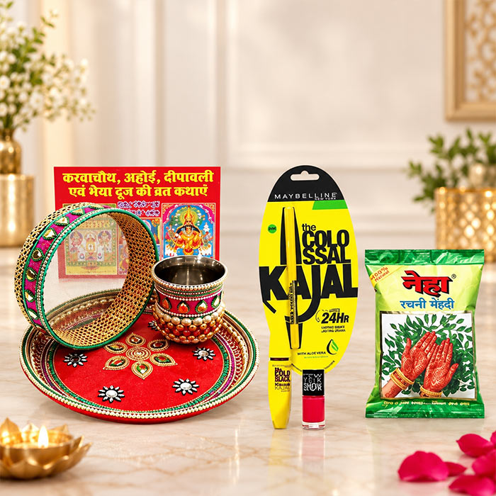 Karwa Chauth Essentials Kit with Thali, Karva & Maybelline Makeup Set