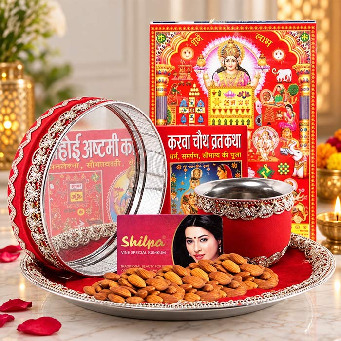 Karwa Chauth Pooja Thali Set with Almonds, Chhalni & Lota