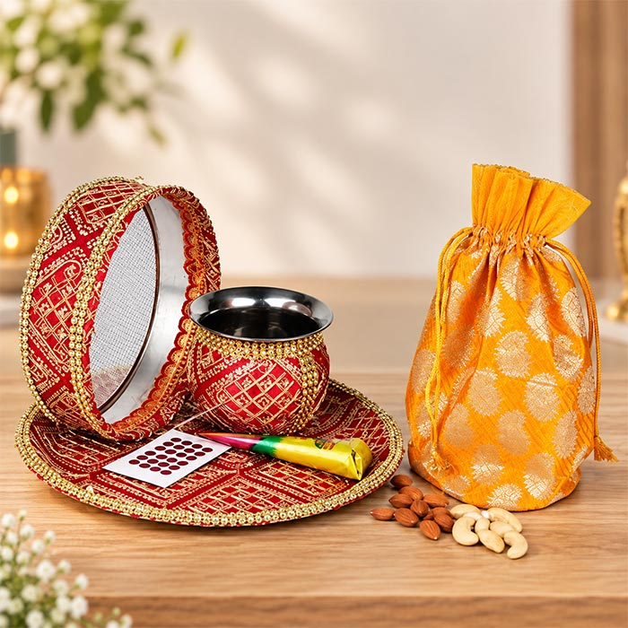 Karwa Chauth Pooja Thali with Dry Fruits Potli