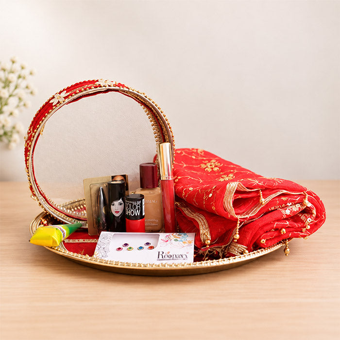Karwa Chauth Puja Thali Set with Suhaag Dupatta & Beauty Essentials