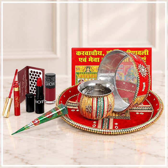 Karwa Chauth Sringar Puja Thali Set with Channi & Karva