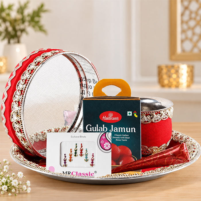 Karwa Chauth Steel Puja Thali Set with 1 Kg Gulab Jamun