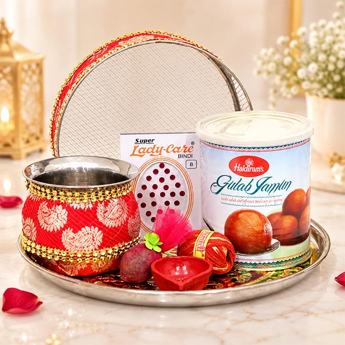 Karwa Chauth Thali Hamper with Kalash & Gulab Jamun Pack