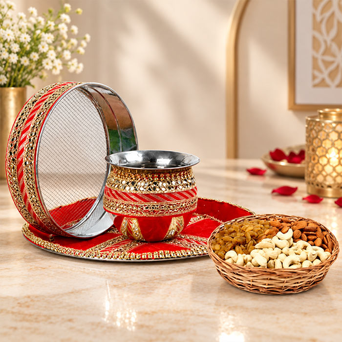 Karwa Chauth Thali Set with Channi, Karva & 200g Mixed Dry Fruits