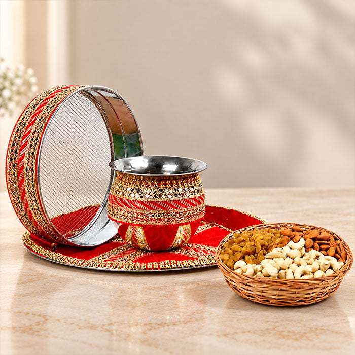 Karwa Chauth Thali Set with Channi, Karva & 200g Mixed Dry Fruits