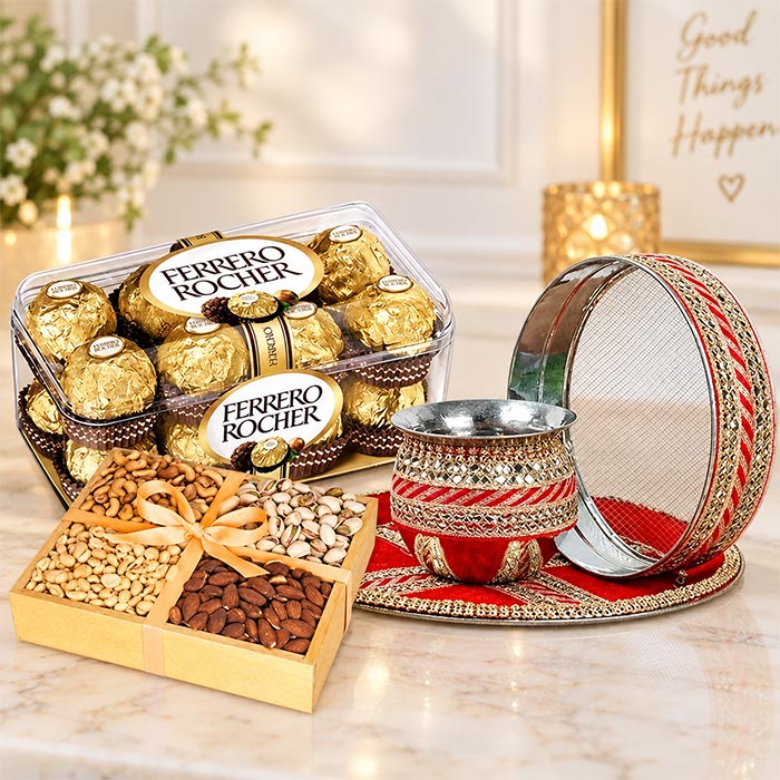 Karwa Chauth Thali Set with Dry Fruits & 16 Ferrero Rocher