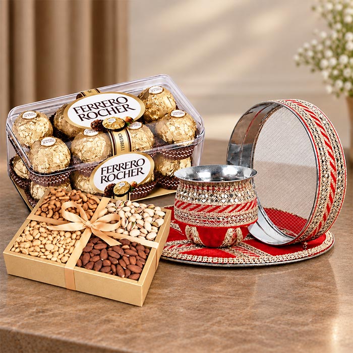 Karwa Chauth Thali Set with Dry Fruits & 16 Ferrero Rocher