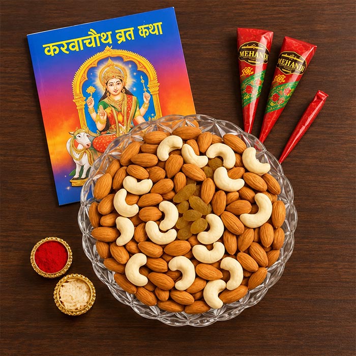 Karwa Chauth Thali with 250gm Mixed Dry Fruits & Mehndi Cones