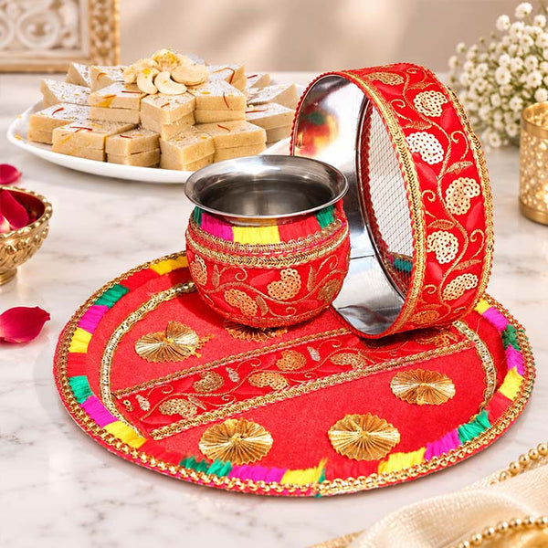 Karwa Chauth Wishes Gift Set with Decorated Thali, Channi Vessel and Half Kg Kaju Katli