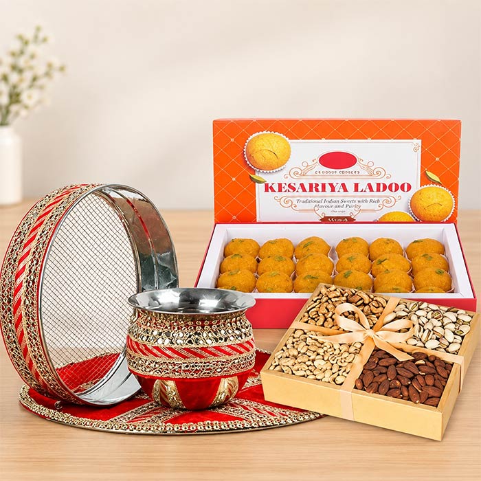Karwa Pooja Thali Set with 500gm Motichoor Ladoo & 200gm Dry Fruits