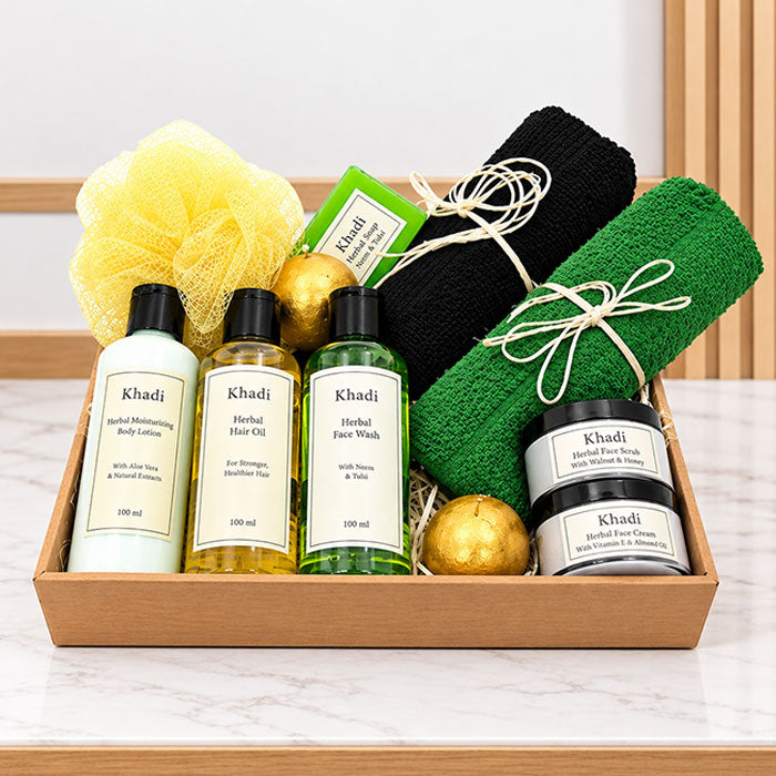 Khadi Wellness Gift Hamper with Skincare Essentials & Towels