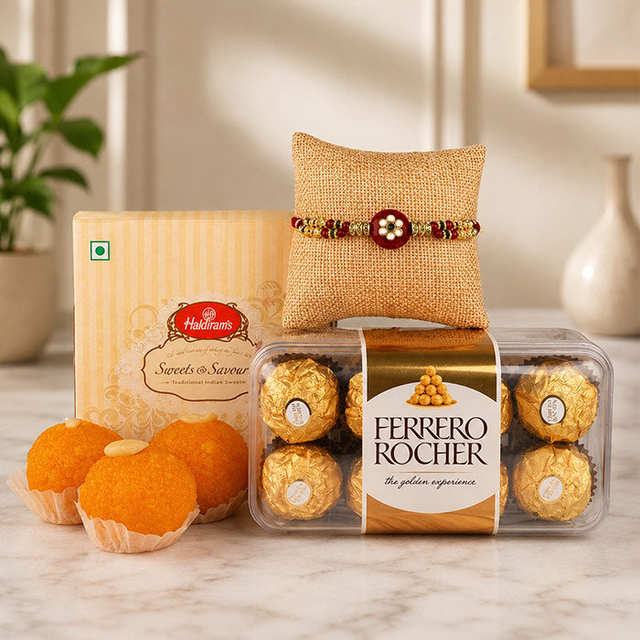Kundan Rakhi with 16 Ferrero Rocher & Motichoor Laddoo Gift Box