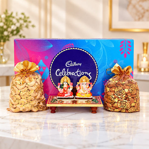 Laxmi Ganesh Idol with Chowki, Almonds, Kaju & Cadbury Celebrations