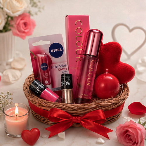 Basket of beauty products including Nivea and L'Oreal with a red heart and roses on a light background