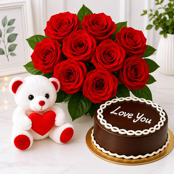 Bouquet of red roses, teddy bear with heart, and chocolate cake with 'Love You' text on a white background.