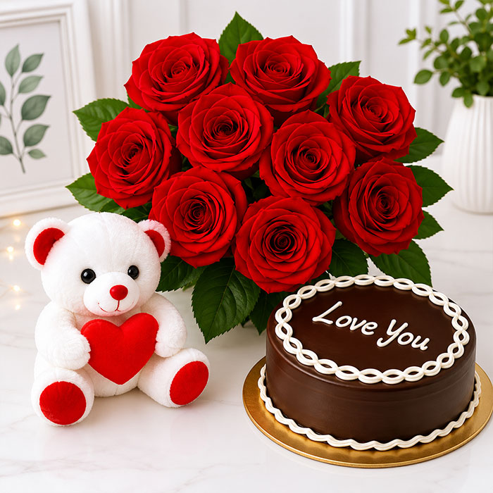 Bouquet of red roses, teddy bear with heart, and chocolate cake with 'Love You' text on a white background.