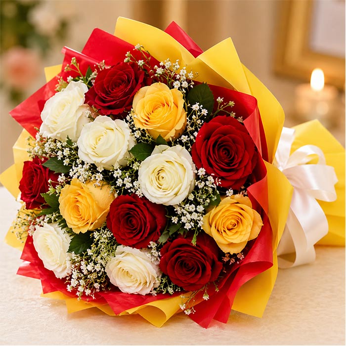 Bouquet of red, yellow, and white roses with yellow paper wrapping on a blurred background.