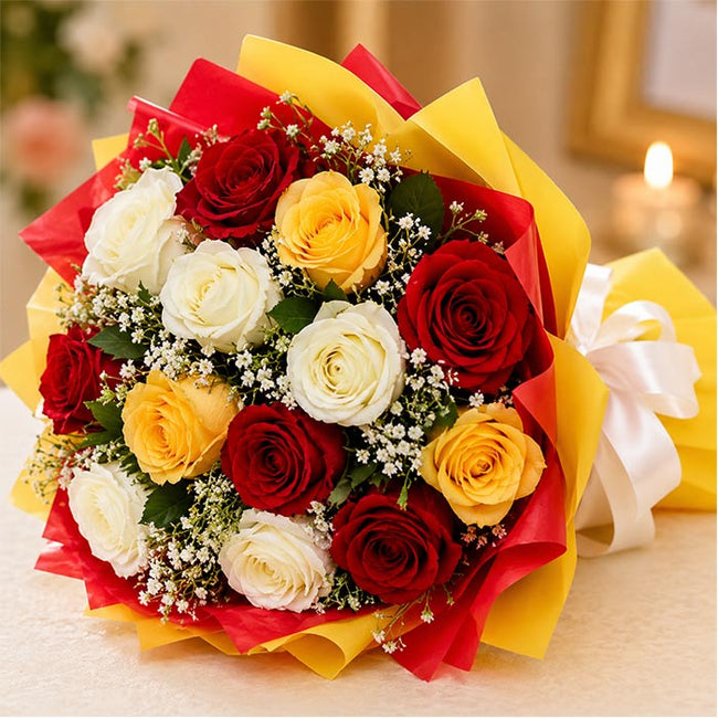 Mixed Colour Roses Bouquet with 10 Fresh Roses