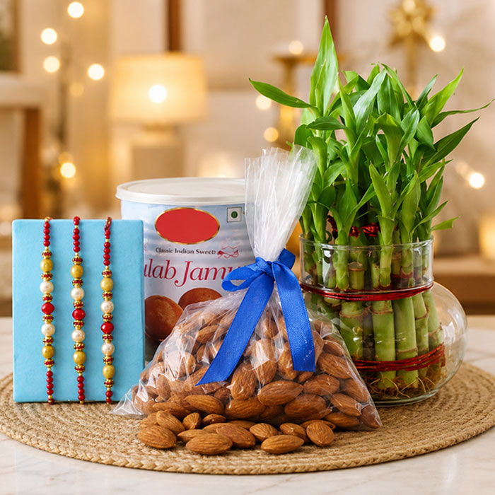 Lucky Bamboo Plant with 3 Rakhis, Almonds & 1 Kg Gulab Jamun