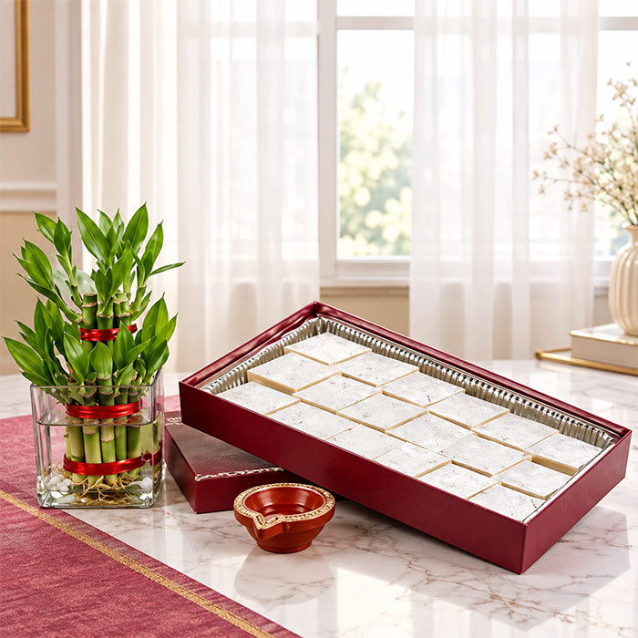Lucky Bamboo Plant with 400g Kaju Katli & Designer Diya