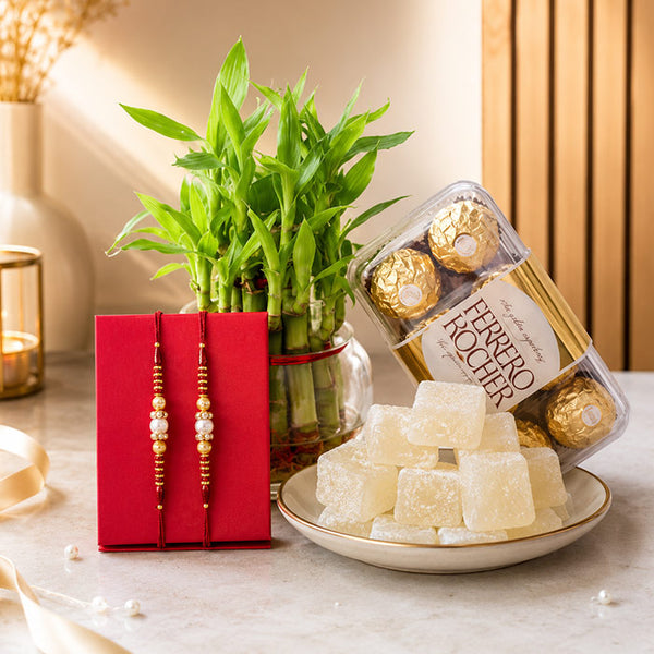 Lucky Bamboo Plant with Ferrero Rocher, Petha & 2 Rakhi Set