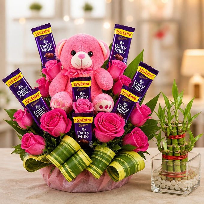 Pink Roses Arrangement with Teddy, Dairy Milk Chocolates & Lucky Bamboo