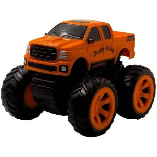 Orange monster truck toy with large wheels on a white background
