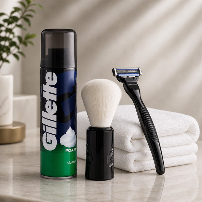 Gillette Shaving Foam Grooming Kit with Razor Brush & Towel - Cosmetics for Men Gift for Men