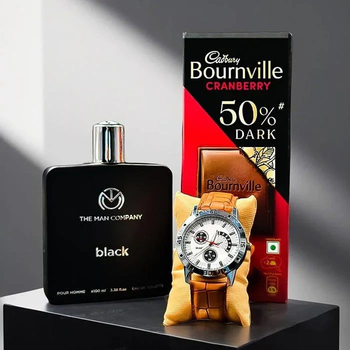 Mens Watch with Luxury Perfume and Chocolate Gift Combo Pack