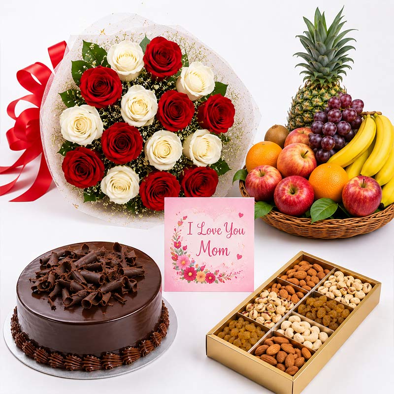 Chocolate cake, bouquet of roses, fruit basket, and box of nuts on a white background with 'I Love You Mom' card.