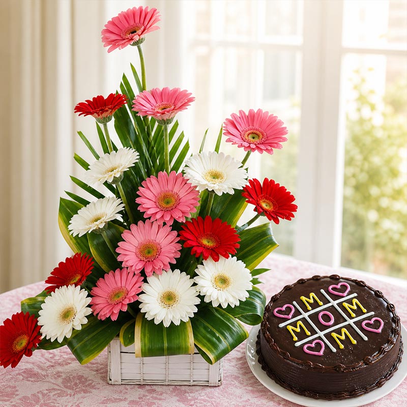 Mix Gerbera Arrangement With Cake For Mom