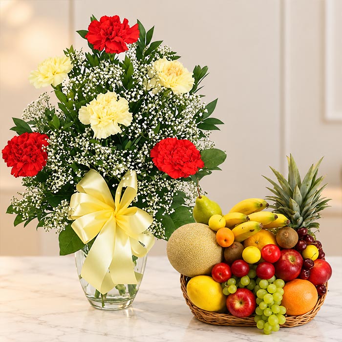 Mixed Carnations in Glass Vase with 3kg Fresh Fruit Basket
