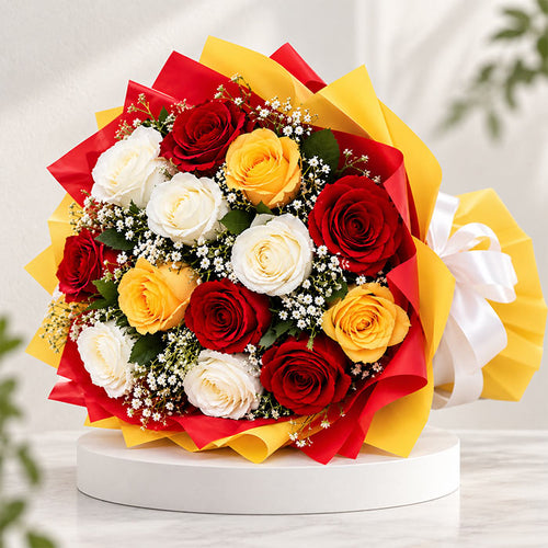 Mixed Colour Roses Bouquet with 10 Fresh Roses