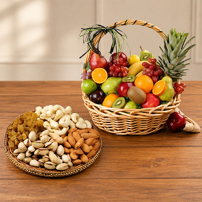 Mixed Dry Fruits 1 Kg Basket with Fresh Fruits 3 Kg Basket