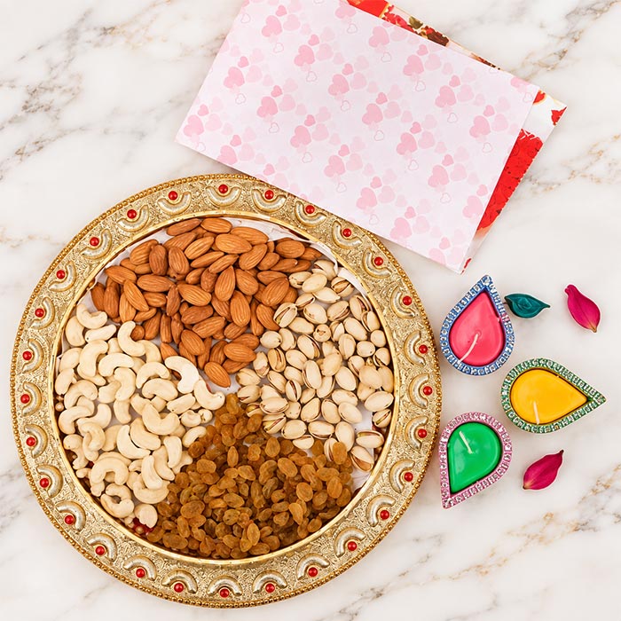 Mixed Dry Fruits with 3 Diyas & Greeting Card