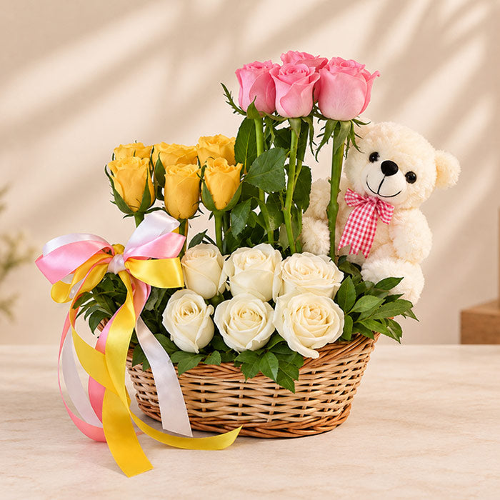 Mixed Flower Basket with Teddy Bear