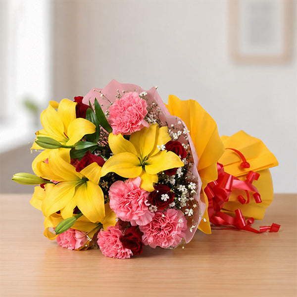 Mixed Flower Bouquet with 5 Yellow Lilies, 8 Red Roses & 8 Pink Carnations