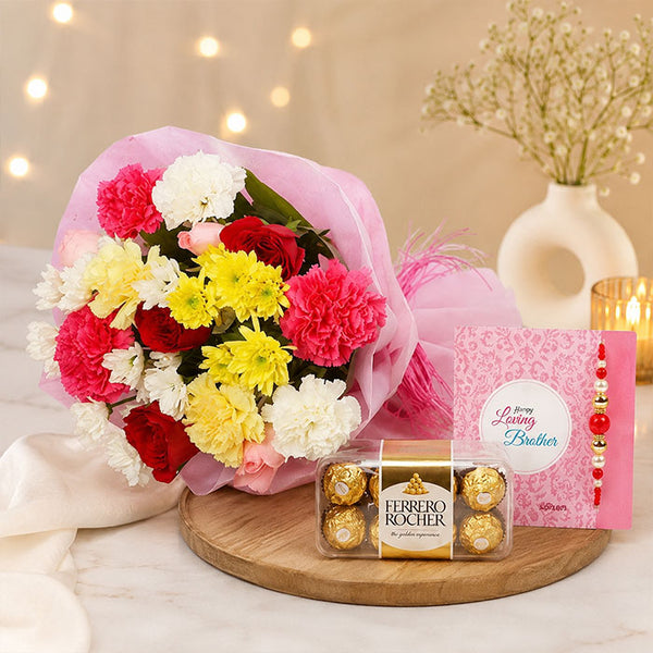 Mixed Flower Bouquet with Ferrero Rocher & Rakhi Gift Set