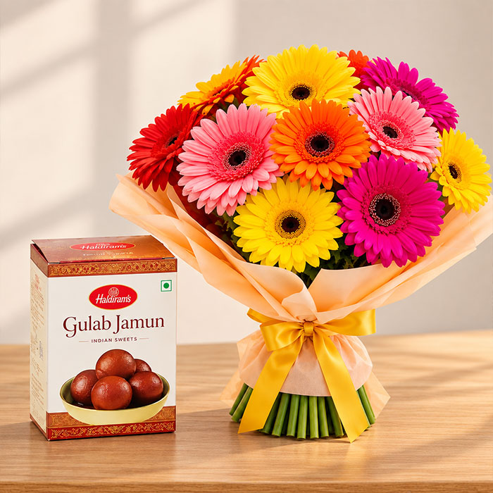 Mixed Gerbera Bouquet with 1 Kg Haldiram's Gulab Jamun